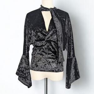 Black Crushed Velvet Wrap Style Top Bell Sleeve Choker Neck Whimsygoth